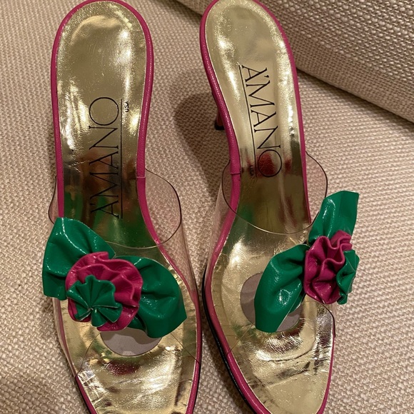 Amano Vintage Handmade Hot Pink Green Flower Clear Slide w H Pink Heel / Size 9N - Picture 3 of 16